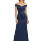 Off Shoulder Mother of the Bride Dress Beaded Waist Satin Gown Portrait Neckline