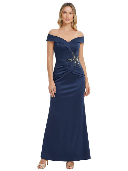 Off Shoulder Mother of the Bride Dress Beaded Waist Satin Gown Portrait Neckline