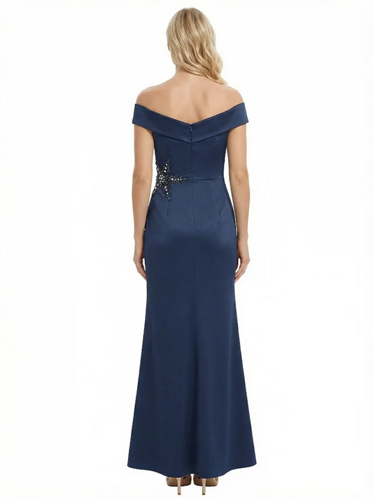 Off Shoulder Mother of the Bride Dress Beaded Waist Satin Gown Portrait Neckline
