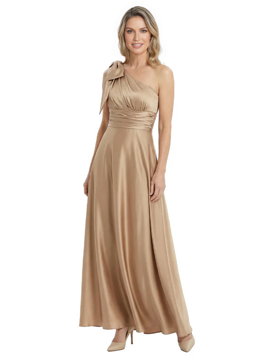 One-Shoulder Mother of the Bride Dress Satin Gown with Bow Ruched Empire Waist