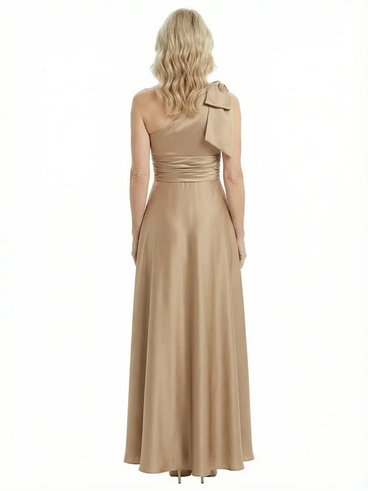 One-Shoulder Mother of the Bride Dress Satin Gown with Bow Ruched Empire Waist