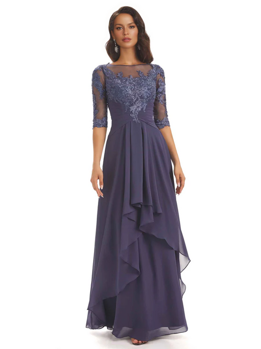 Elegant Lace A-line Chiffon Half Sleeves Mother of the Brides Dresses Floor Length