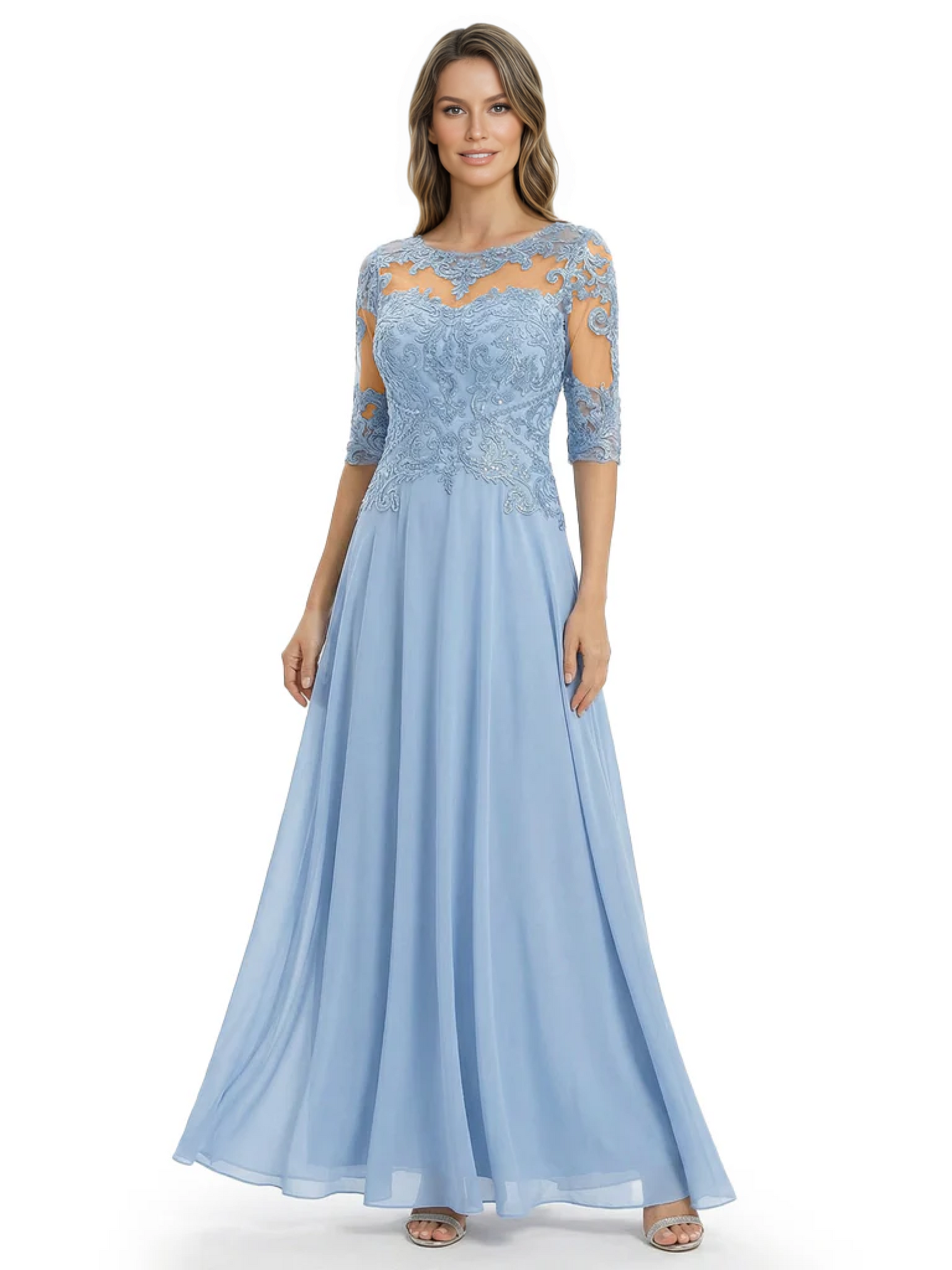 Illusion Neck Mother of the Bride Dress Half Sleeve Lace Applique Gowns Chiffon
