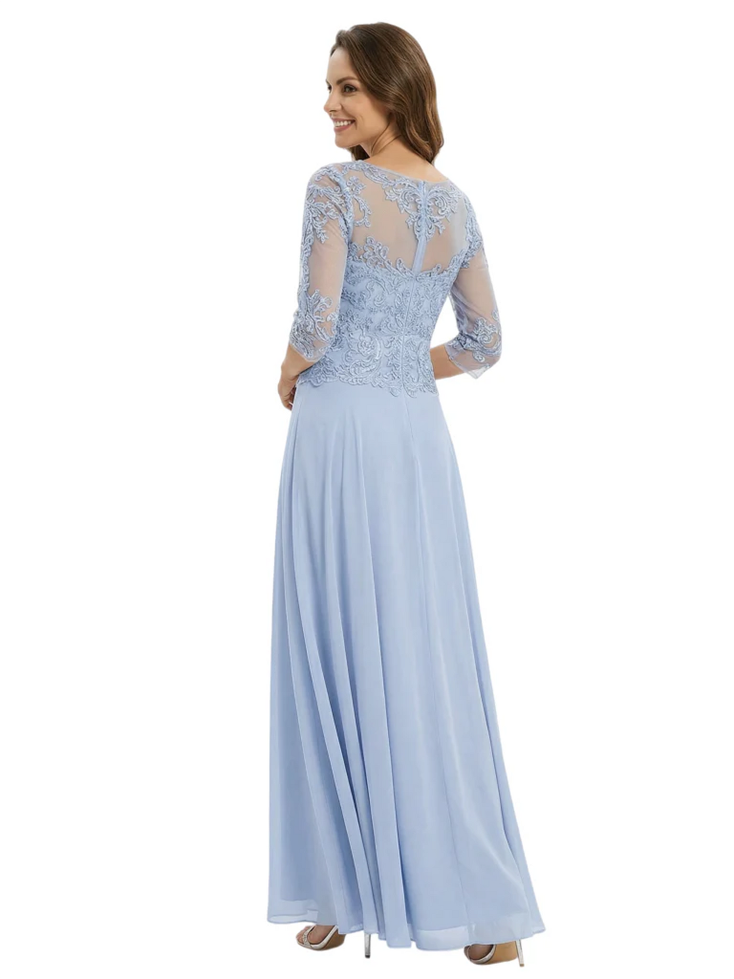 Illusion Neck Mother of the Bride Dress Half Sleeve Lace Applique Gowns Chiffon