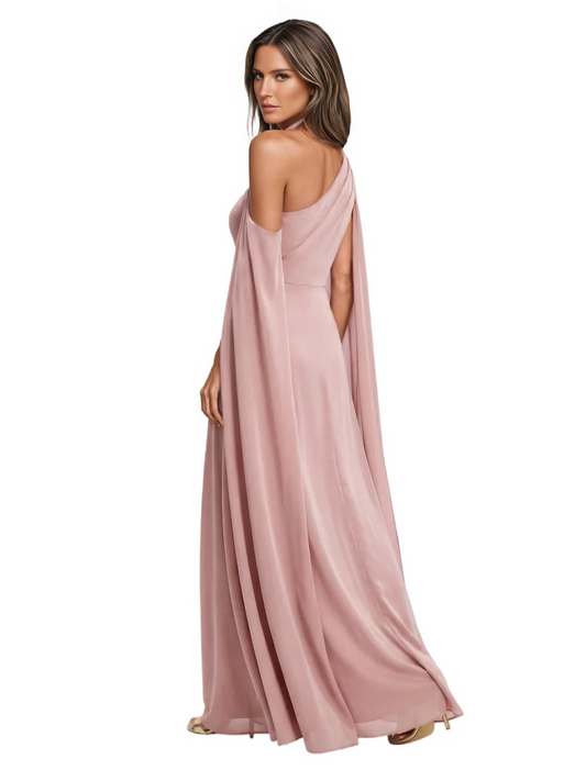 One Shoulder Mother of the Bride Dress Asymmetrical Cape Sleeve Gown with Floral