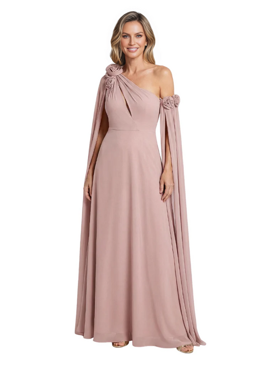 One Shoulder Mother of the Bride Dress Asymmetrical Cape Sleeve Gown with Floral