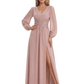 A-Line Mother of Bride Dress V-Neck Chiffon Gown Long Sleeves Slit Formal Dress