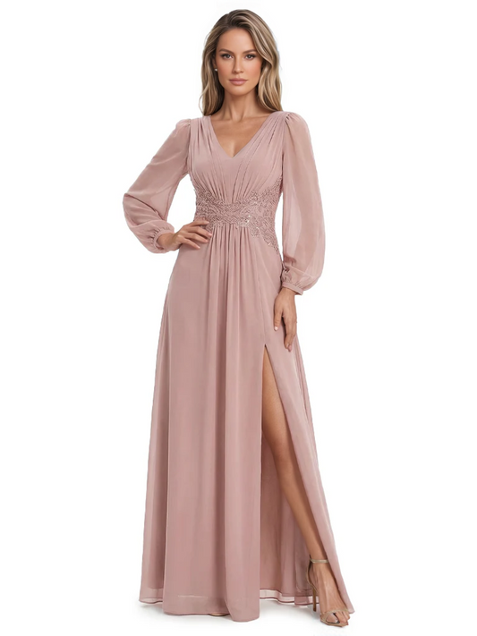 A-Line Mother of Bride Dress V-Neck Chiffon Gown Long Sleeves Slit Formal Dress