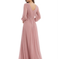 A-Line Mother of Bride Dress V-Neck Chiffon Gown Long Sleeves Slit Formal Dress