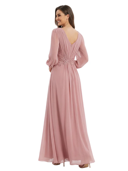 A-Line Mother of Bride Dress V-Neck Chiffon Gown Long Sleeves Slit Formal Dress