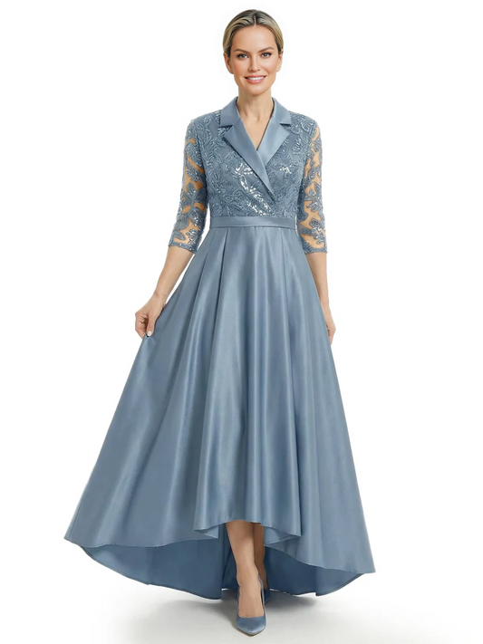 Elegant Mother of Bride Dress Evening Gowns Trending Styles with Lapel Collar 3/4 Sleeves