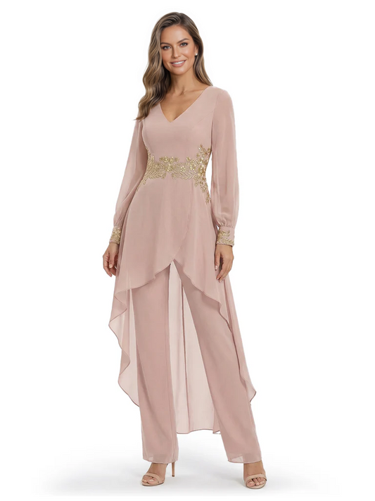 Luxury Black Formal Trousers Set High-Low Chiffon Top with Sparkling Beaded Detail