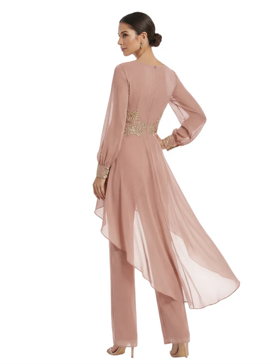 Luxury Black Formal Trousers Set High-Low Chiffon Top with Sparkling Beaded Detail