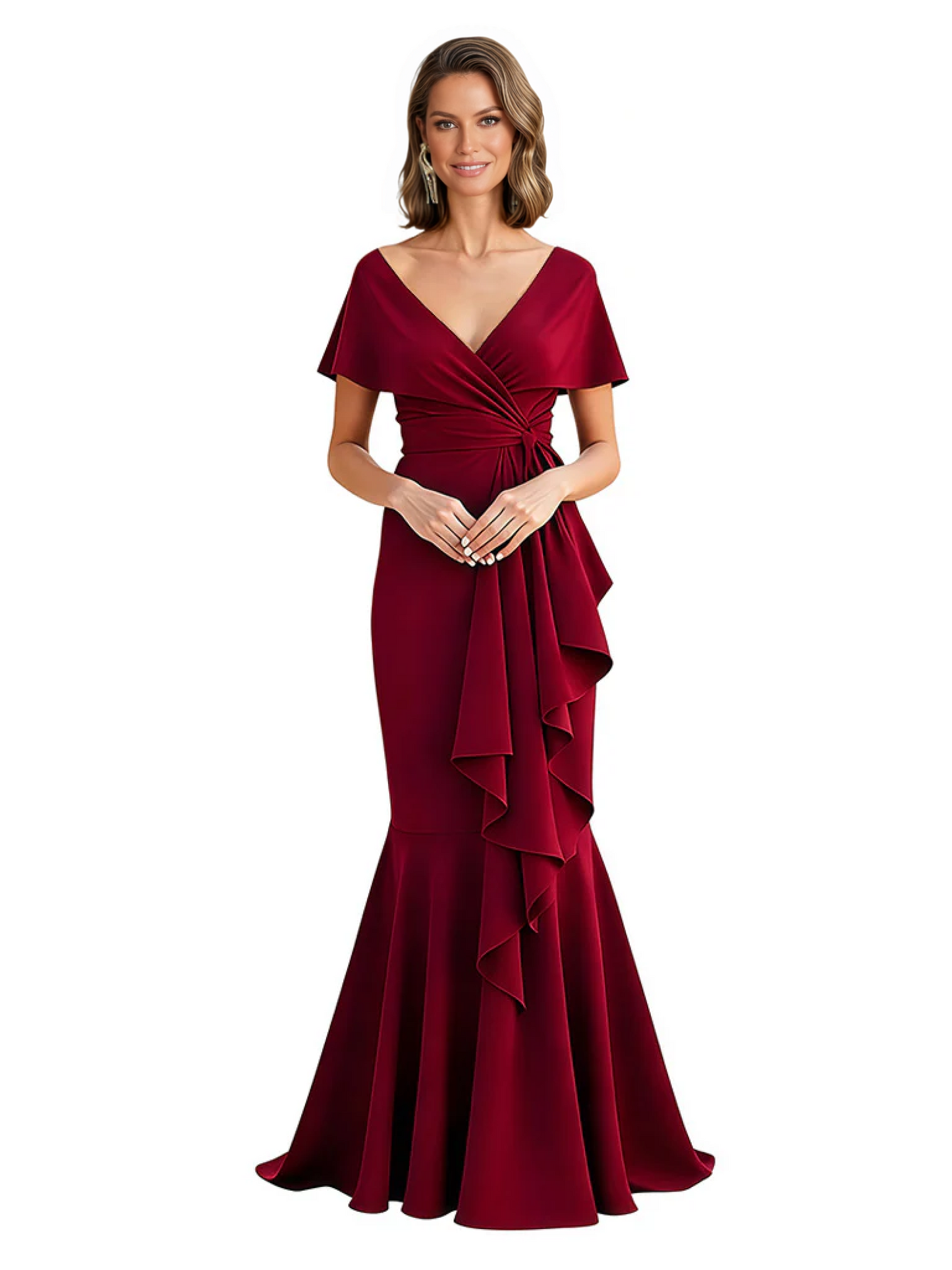 Satin Mother of the Bride Dress with Cascading Ruffles and Mermaid Tail V-Neck