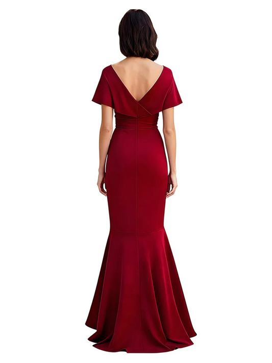 Satin Mother of the Bride Dress with Cascading Ruffles and Mermaid Tail V-Neck