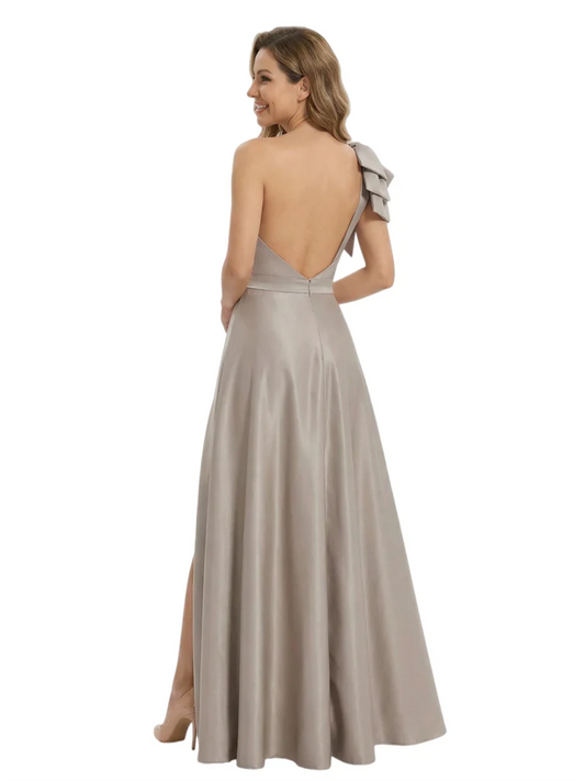 Elegant Mother of the Groom Dress A-Line Satin Formal Gown with High Slit Ruched Bodice