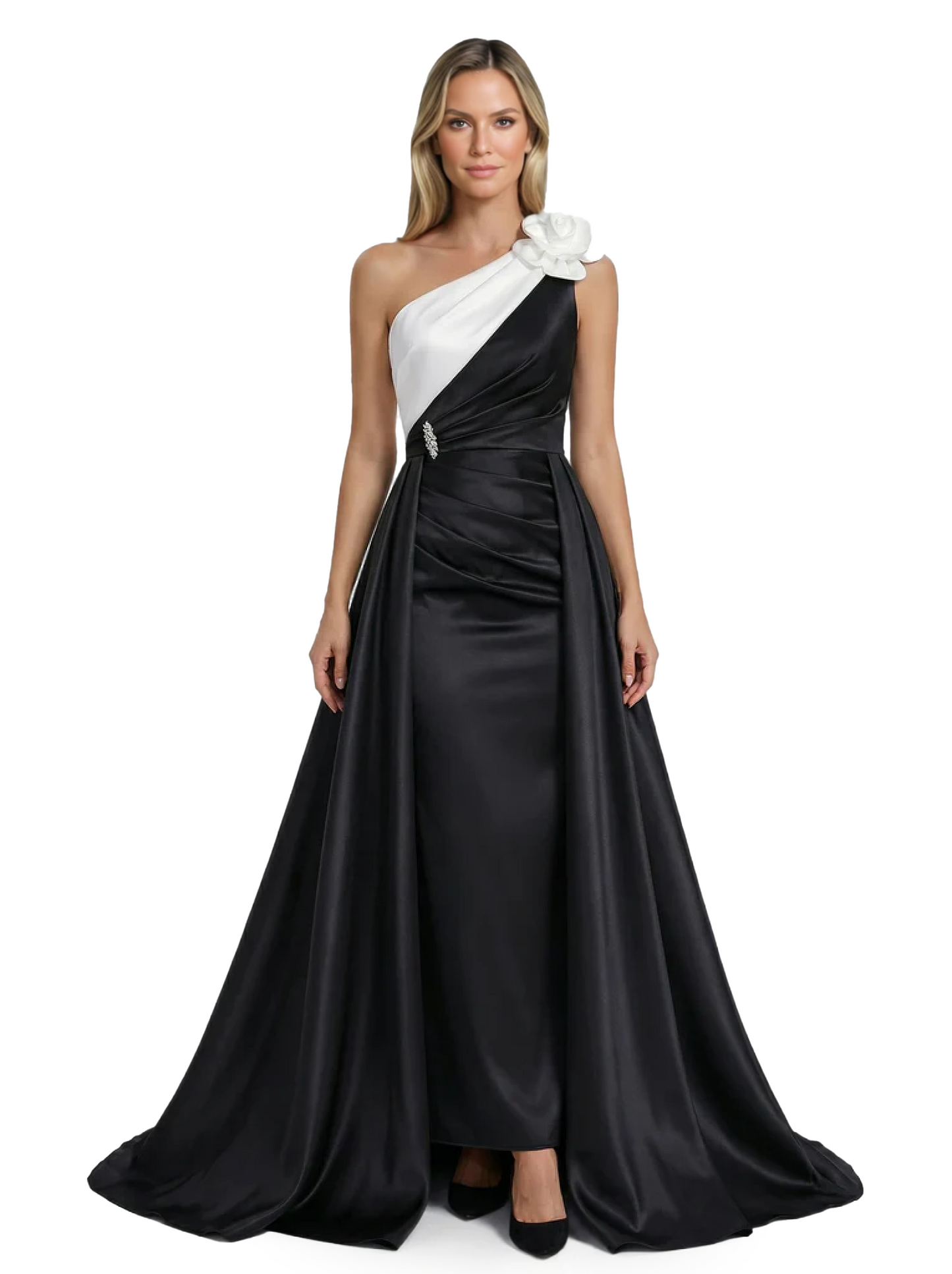 Elegant Contrast Evening Gown Styles with Satin Over-skirt Ruched Detail