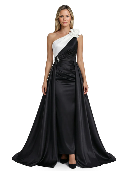 Elegant Contrast Evening Gown Styles with Satin Over-skirt Ruched Detail