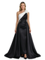 Elegant Contrast Evening Gown Styles with Satin Over-skirt Ruched Detail