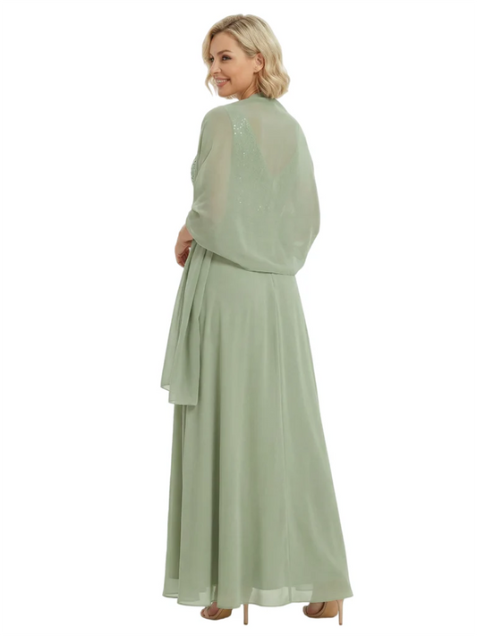 Luxury Formal Mother of Bride Dress Sparkling Sequin Top & Flowy Chiffon Skirt with Shawl