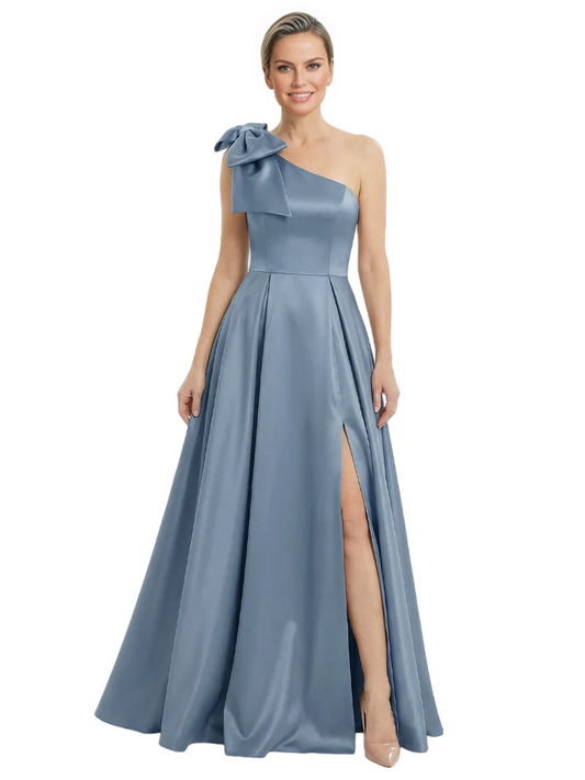 Luxury Bow Black Formal Dress One-Shoulder A-Line Gowns with Sexy Side Slit 2026