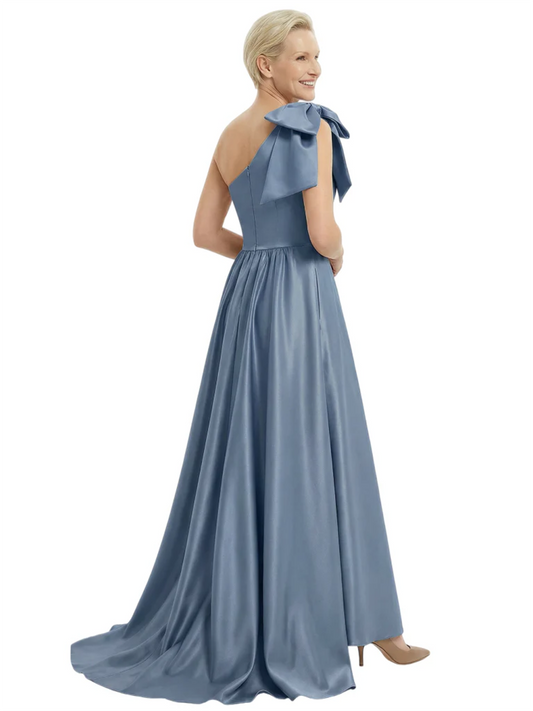Luxury Bow Black Formal Dress One-Shoulder A-Line Gowns with Sexy Side Slit 2026