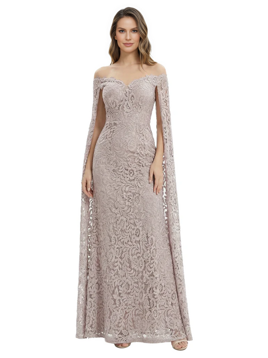 Elegant Mother of the Groom Gown Floral Lace Embroidered Formal Dress with Cape