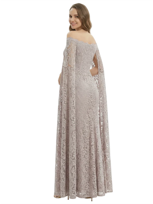 Elegant Mother of the Groom Gown Floral Lace Embroidered Formal Dress with Cape
