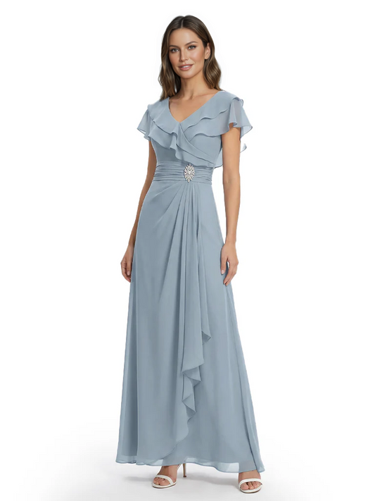 Elegant Mother of the Groom Dress Cascading Ruffle Chiffon Formal Gown Rhinestone