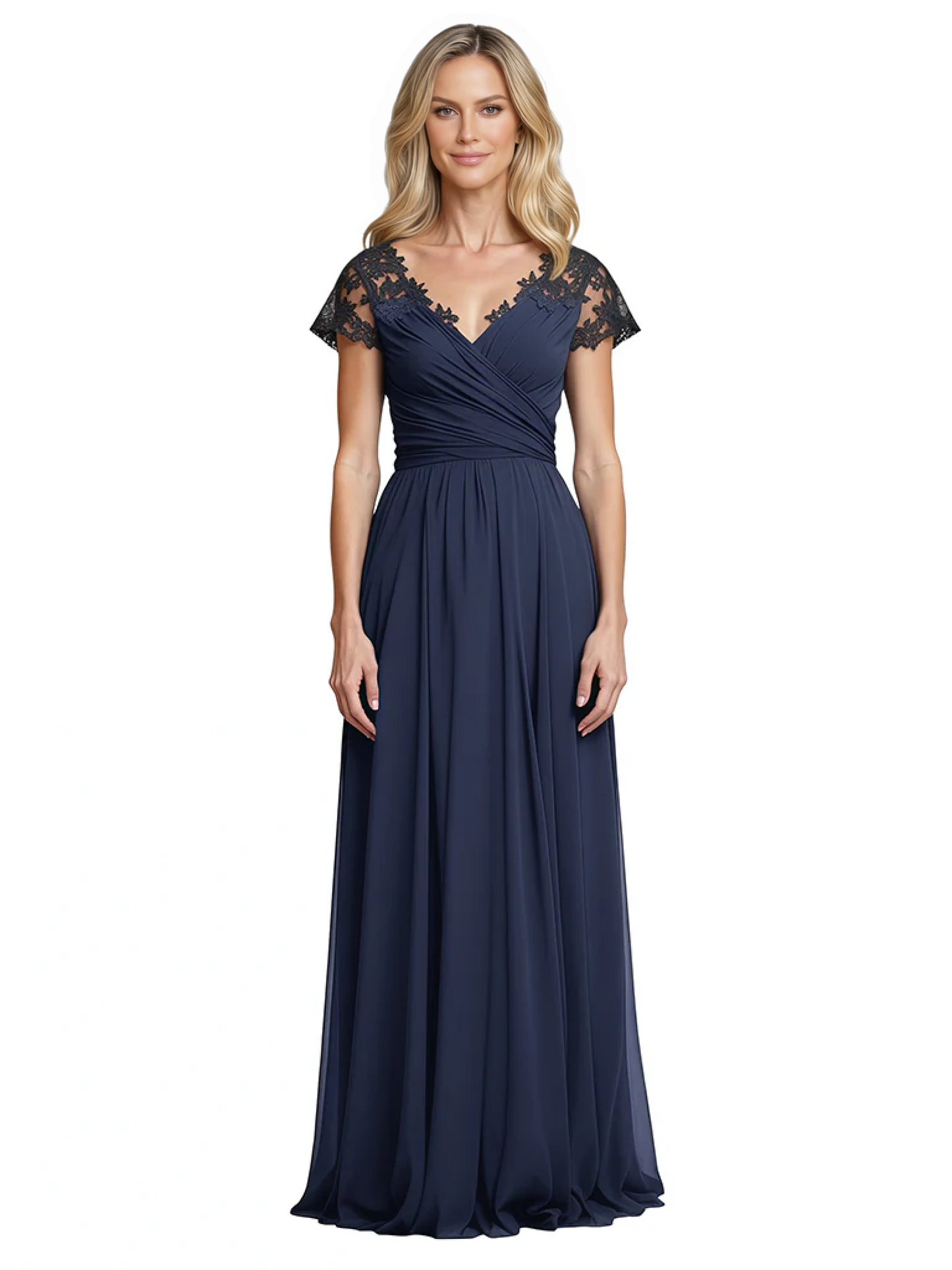 Mother of the Bride Dress Cap Sleeves and V-Neckline with Embroidered Lace Shoulders