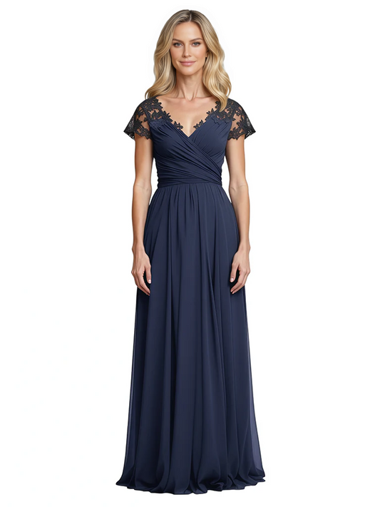 Mother of the Bride Dress Cap Sleeves and V-Neckline with Embroidered Lace Shoulders