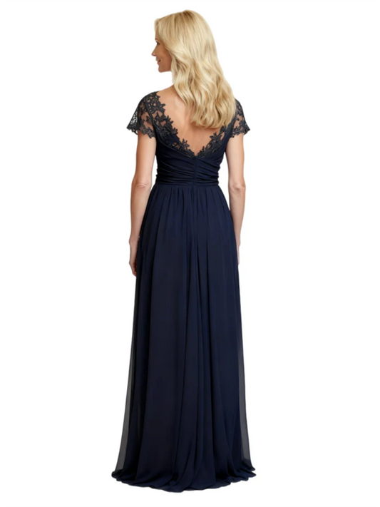 Mother of the Bride Dress Cap Sleeves and V-Neckline with Embroidered Lace Shoulders