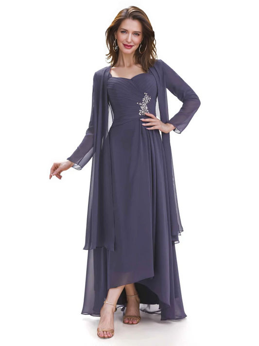Elegant Asymmetric Neck Long A-Line Chiffon Mother of the Brides Dresses Mom Outfit