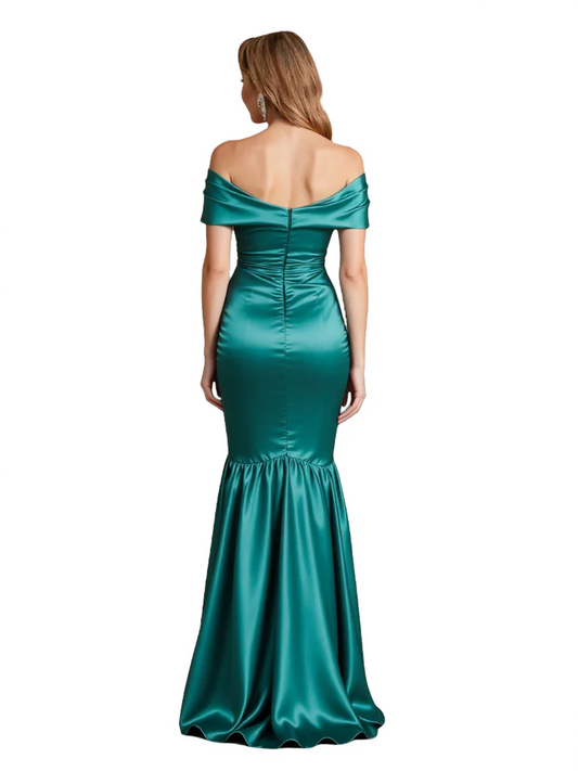 Luxury Emerald Formal Dress Off-the-Shoulder Satin Gown Trumpet Silhouette