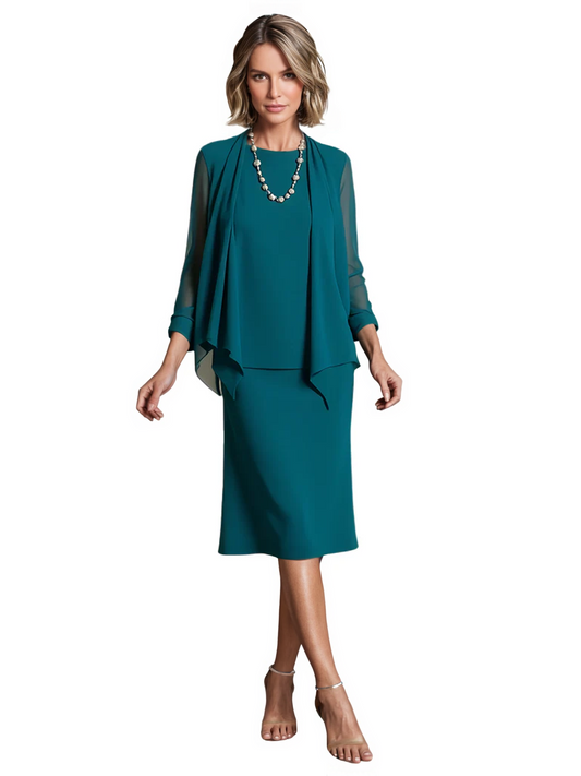 3 PCS Knee-Length Mother of Bride Dresses Prom Dress Evening Dress with Sheer Sleeves and Jacket