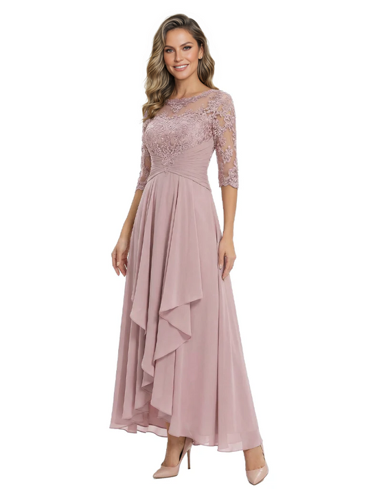 3/4 Sleeve Mother of the Bride Dress with Lace Embroidery High-Low Hem 2026