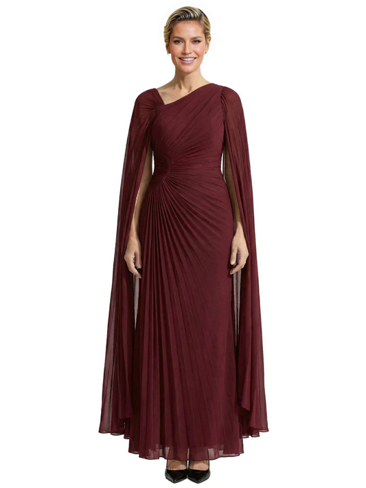 Elegant Asymmetric Neck Long A-Line Chiffon Mother of the Brides Dresses Mom Outfit with Cape