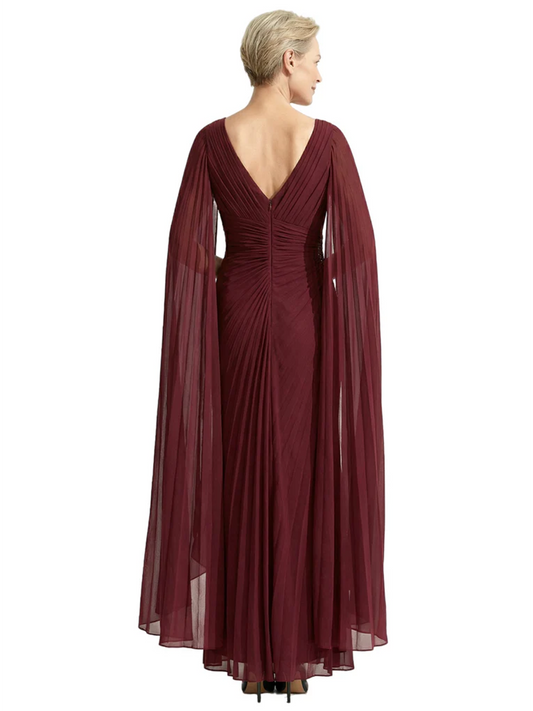 Elegant Asymmetric Neck Long A-Line Chiffon Mother of the Brides Dresses Mom Outfit with Cape