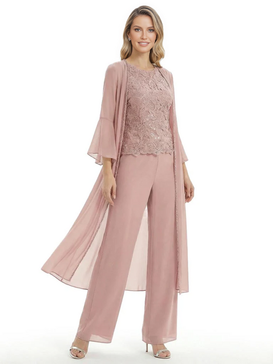 Elegant Pink 3-Piece Pant Set Trending 2026 Styles with Lace Wide-Leg Pants