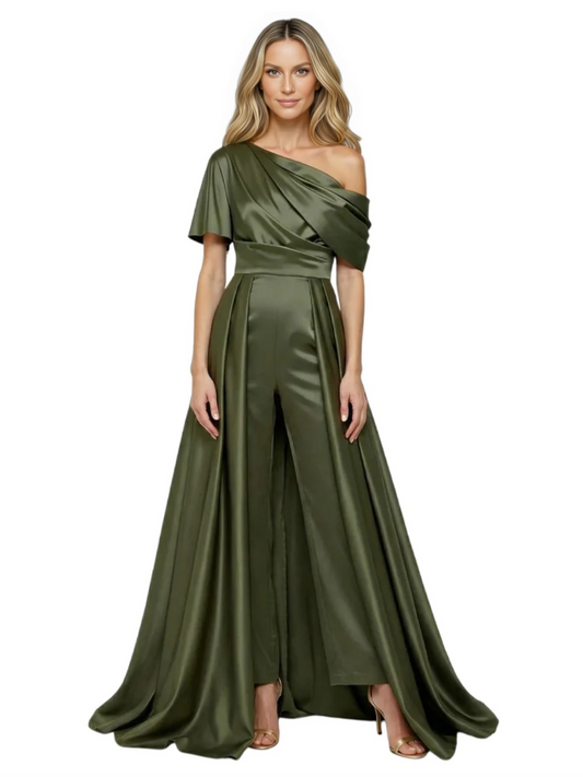 One Shoulder Mother of Bride jumpsuits Formal Gowns Floor Length Detachable Train