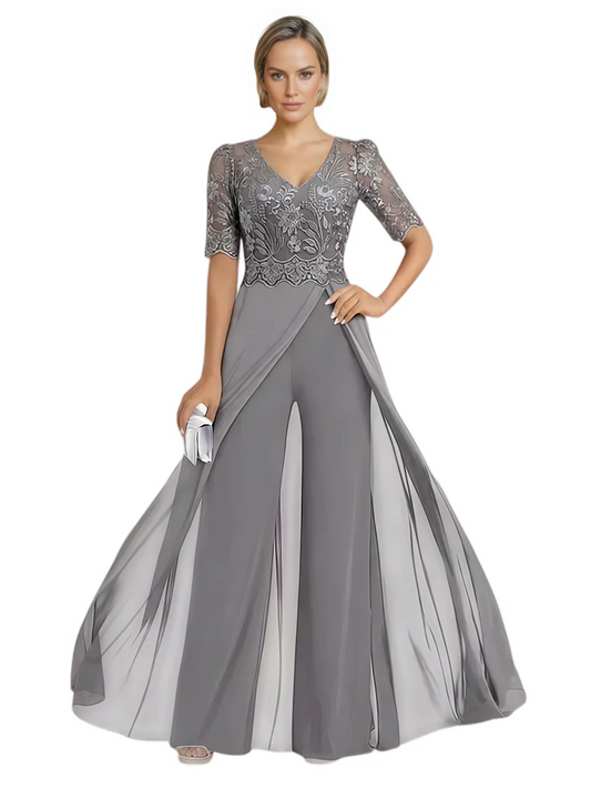 V-Neck Chiffon Mother of the Brides Jumpsuits Dresses Floor Length A-Line Lace