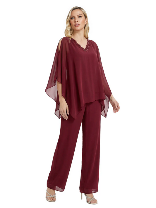 V-Neck Chiffon Mother of the Brides Dresses Plus Size Jacket Suits Wedding