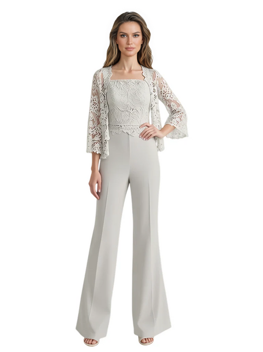 Mother of the Bride Jumpsuit with Lace Jacket 3/4 Sleeve Formal Pant Suit