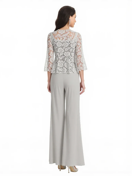 Mother of the Bride Jumpsuit with Lace Jacket 3/4 Sleeve Formal Pant Suit