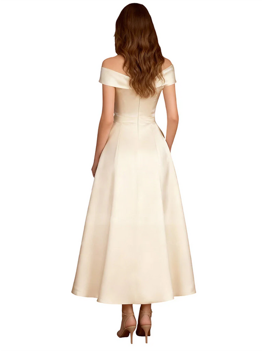 Formal Floor-Length Mother of the Bride Gown Satin Maxi Dress with Slit Off Shoulder