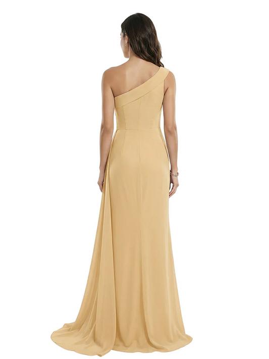 One Shoulder Mother of Bride Dress Ruffle Formal Gowns Mermaid Floor Length Train Slit