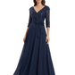 Chiffon Mother of the Bride Dress with Sequin V-Neck and Elegant Bow Sash