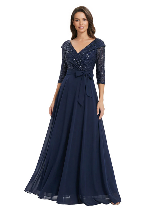 Chiffon Mother of the Bride Dress with Sequin V-Neck and Elegant Bow Sash