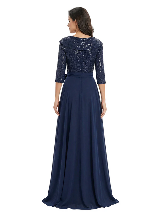 Chiffon Mother of the Bride Dress with Sequin V-Neck and Elegant Bow Sash