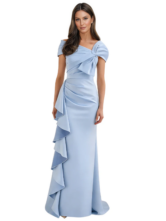 Elegant Mother of Bride Dress Formal Gowns Mermaid Ruffle Floor Length Asymmetric Neckline